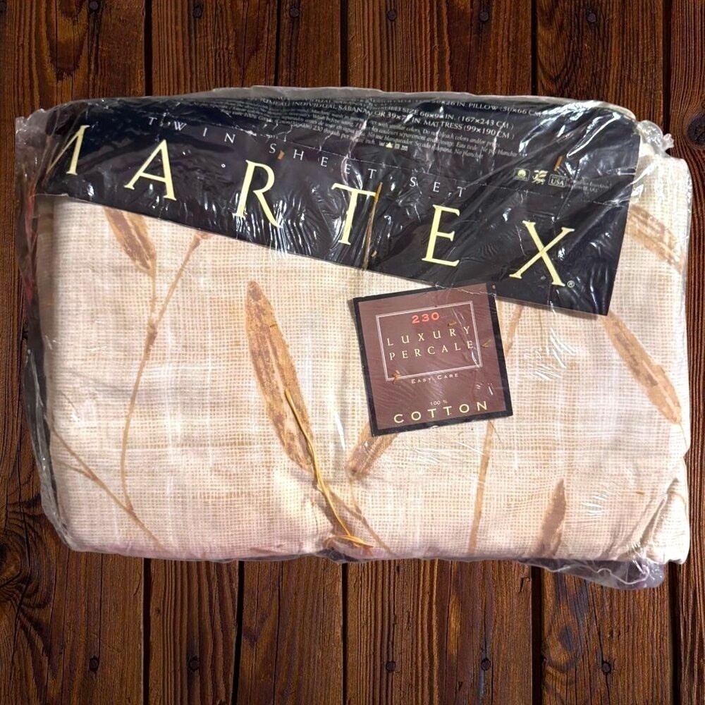 NEW Vintage MARTEX Kyoto Twin Sheet Set Flat Fitted Pillowcase Beige Tan Leaf